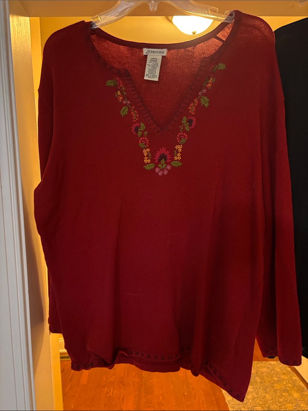 St. John's Bay Red V-Neck Sweater with Floral Embroidery